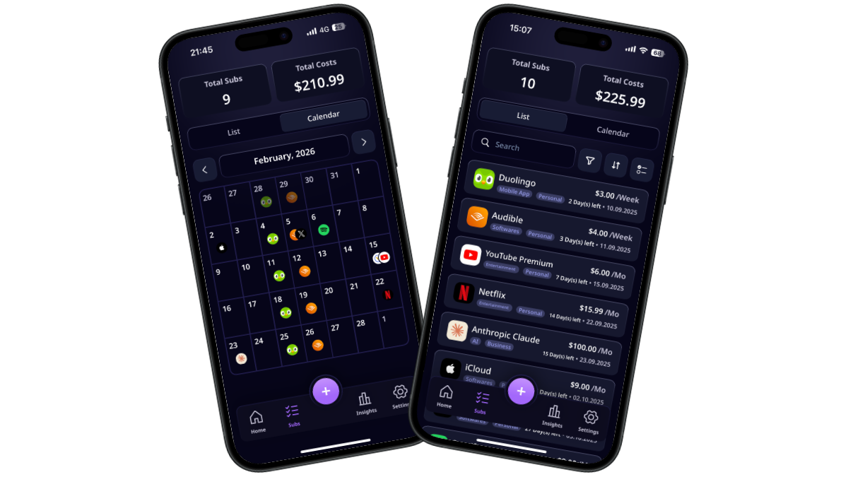 Calendar view with subscription icons on dates and list view showing all subscriptions